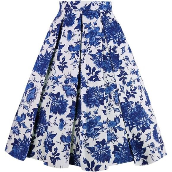Womens Vintage Floral Pleated Midi Skirt High Waist A Line Skirt with Pockets - Picture 1 of 7